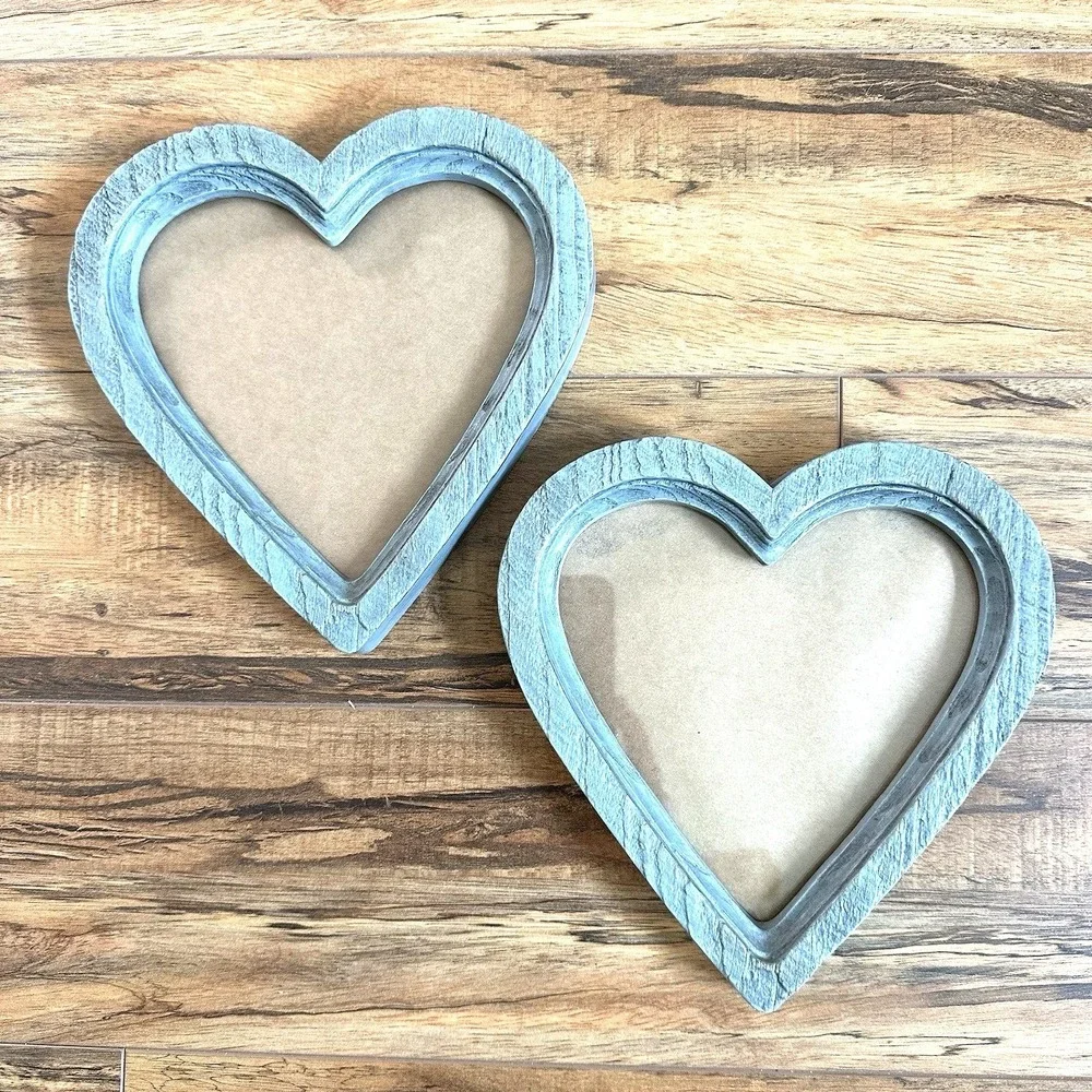 Set of 2 Heart Shaped Picture Frames 8x7.75 Blue Faux Wood Rustic Decor
